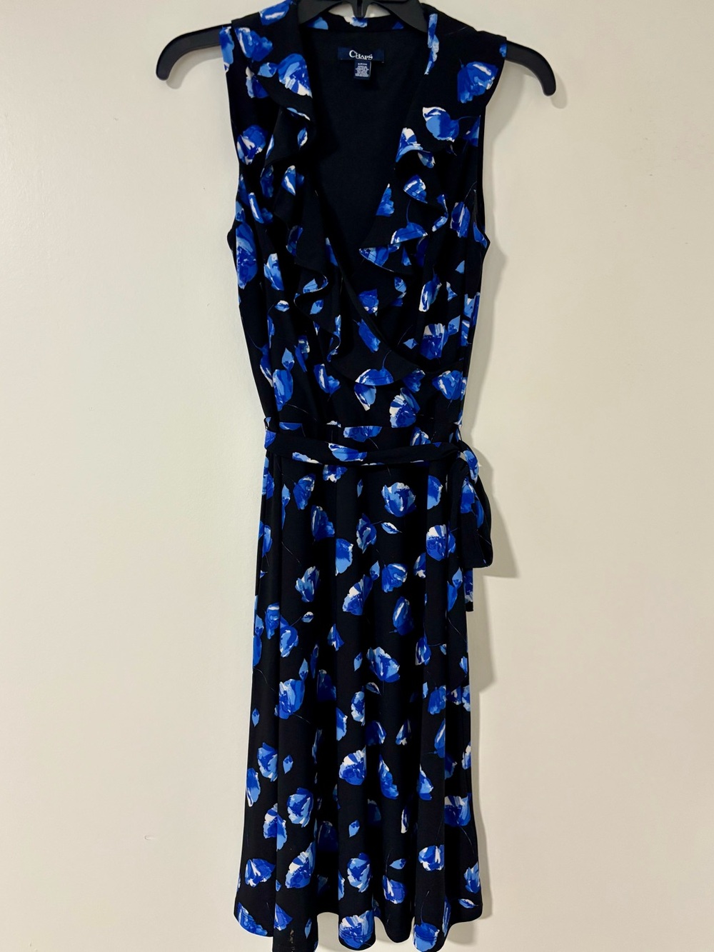 Chaps Black Sleeveless Wrap Dress with Blue Floral Pattern Small